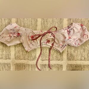 LoveShackFancy Pink Floral Off-Shoulder Bikini Top with Tie